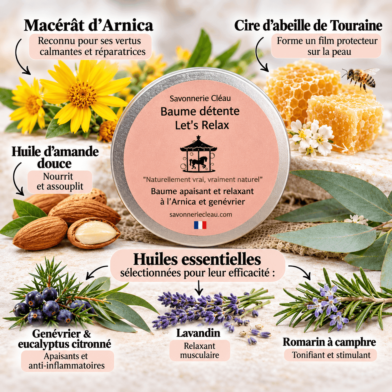 baume relax avec ses qualités et ingrédients , savonnerie cleau