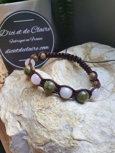 Bracelet Shamballa 11 perles de pierre d'unakite et kunzite