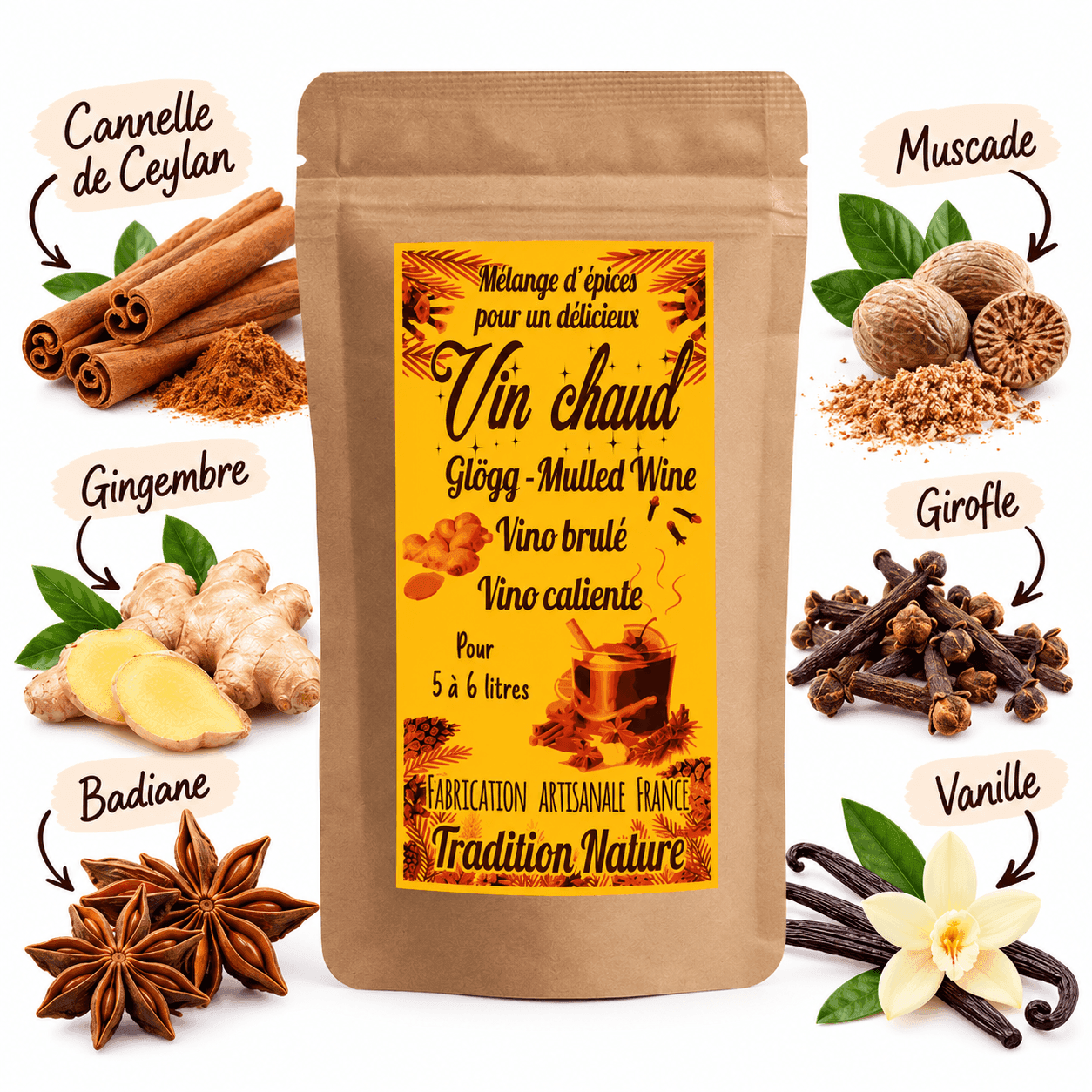 Mélange d’épices pour Vin Chaud – 150 g pour 5 à 6 litres | Fabrication artisanale française - Tradition Nature, artisanat AIN