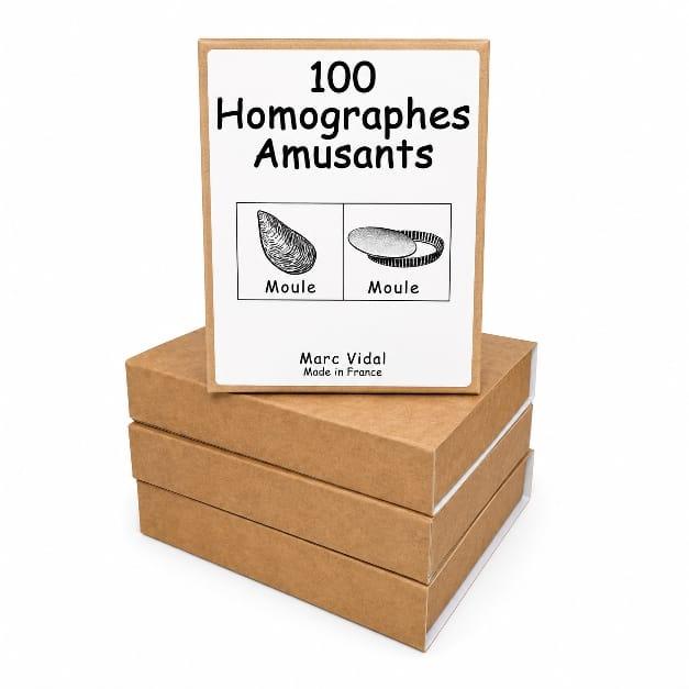 plusieurs boites en carton dont une boite avec une inscription 100 homographes amusants .D'Ici et de claire