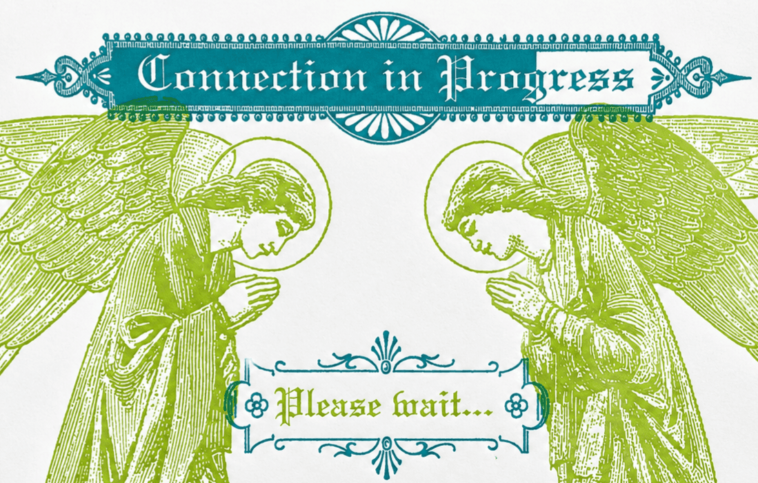 Deux anges avec l inscription "connection in progress " et ensuite en bas l'inscription " please wait " , L'Atelier letterpress - D'Ici et de claire  