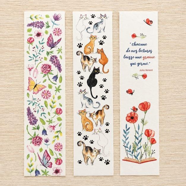 3 marque-page à planetr les cartes de lulu , différents motifs , chats , coquelicots et papillons , d'ici et de claire 