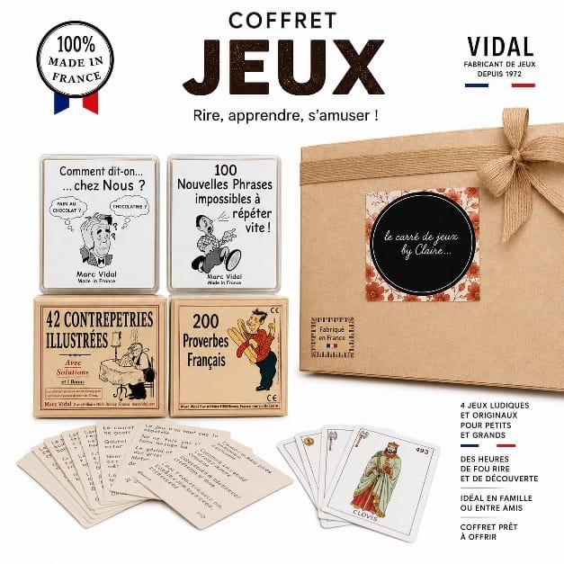 Un coffret jeux avec 4 jeux et un coffret en bois , une inscription sur la boite "le carré de jeux by claire " .D'Ici et de Claire 