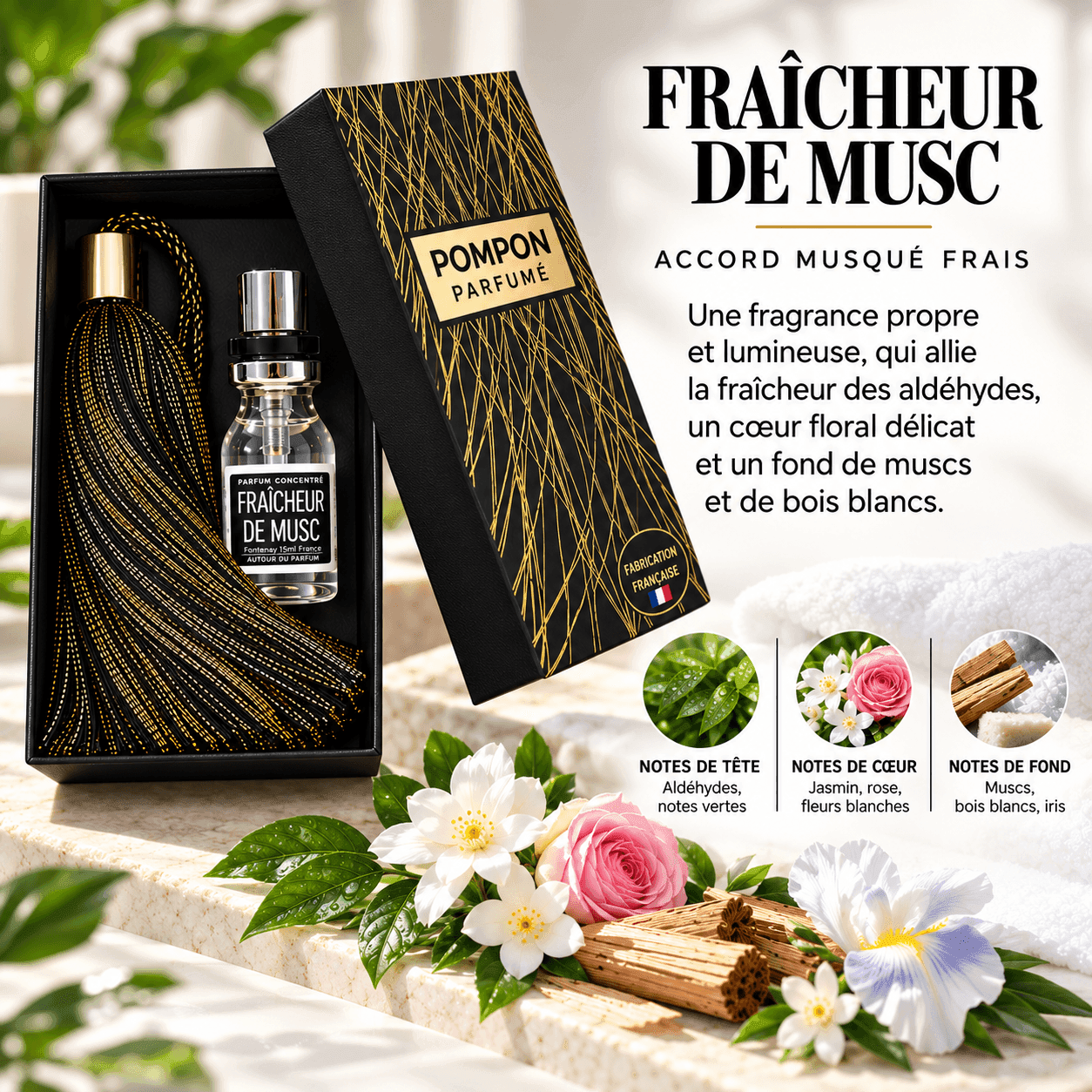 un pompon parfumé fraîcheur de musc avec un flacon de parfum , autour du parfum 