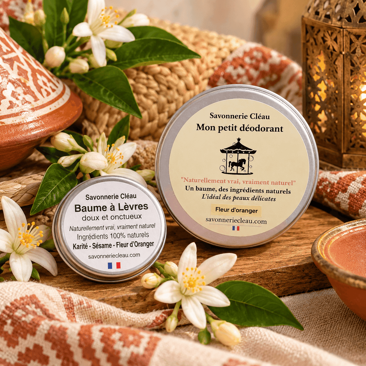 déodorant solide parfum fleur d oranger et un baume à lèvre savonnerie cleau
