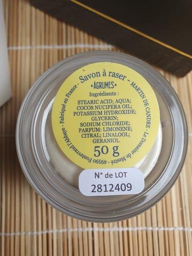 Savon à raser - Igromes, ingredients list, 50g. Kit SAVON A BARBE AGRUMES, N° de LOT: 2812409.