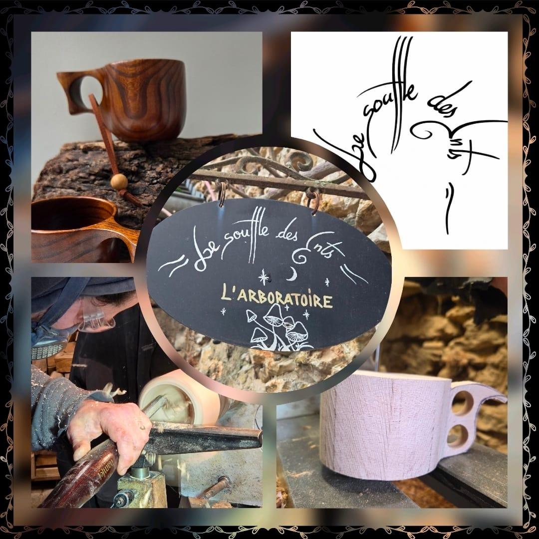 Une tasse Kuksa posé sur une écorce d'arbre , logo le souffle des ents , un menuisier et une tasse brute , D'Ici et de Claire  