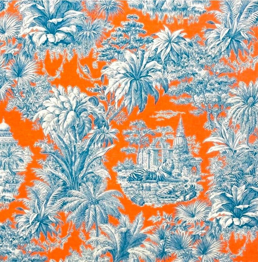 Tissu exotique motif toile de jouy orange et bleu 