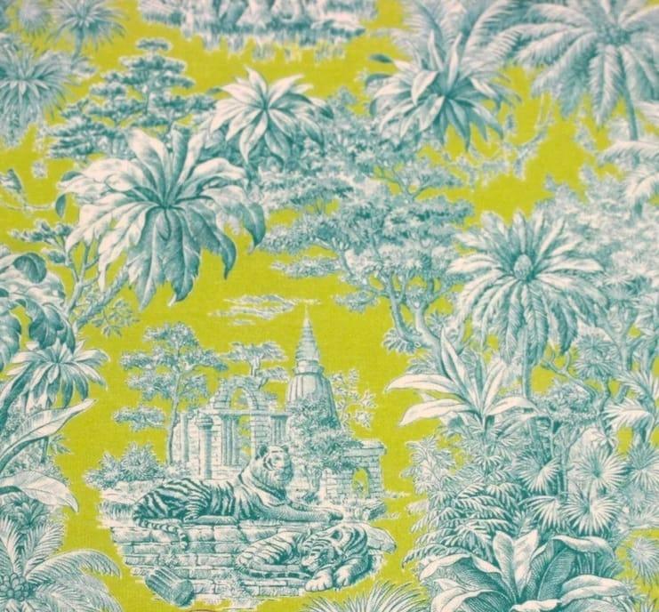 Tissu toile de jouy couleurs turquoise et vert 