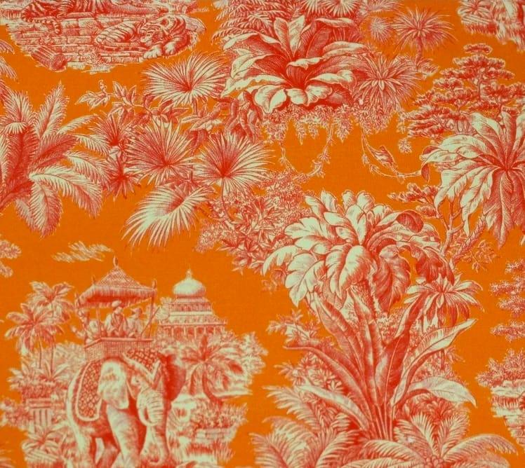 Toile de jouy avec un colori orange et motif exotique 