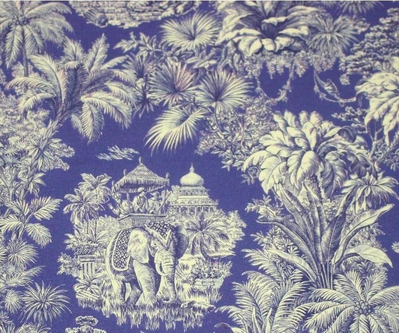 Tissu motif toile de jouy exotique bleu  