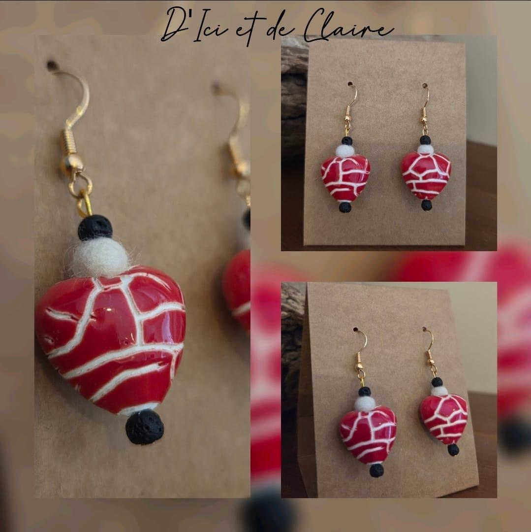 Boucles d'oreilles cœur rouge en céramique et perle en cachemire de Touraine
