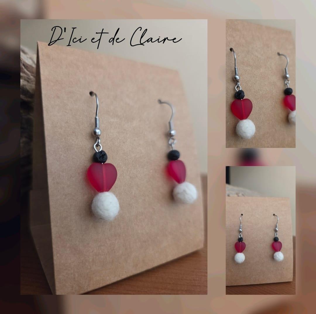 Boucles d'oreilles cœur rouge en verre, pierre de lave et cachemire de Touraine