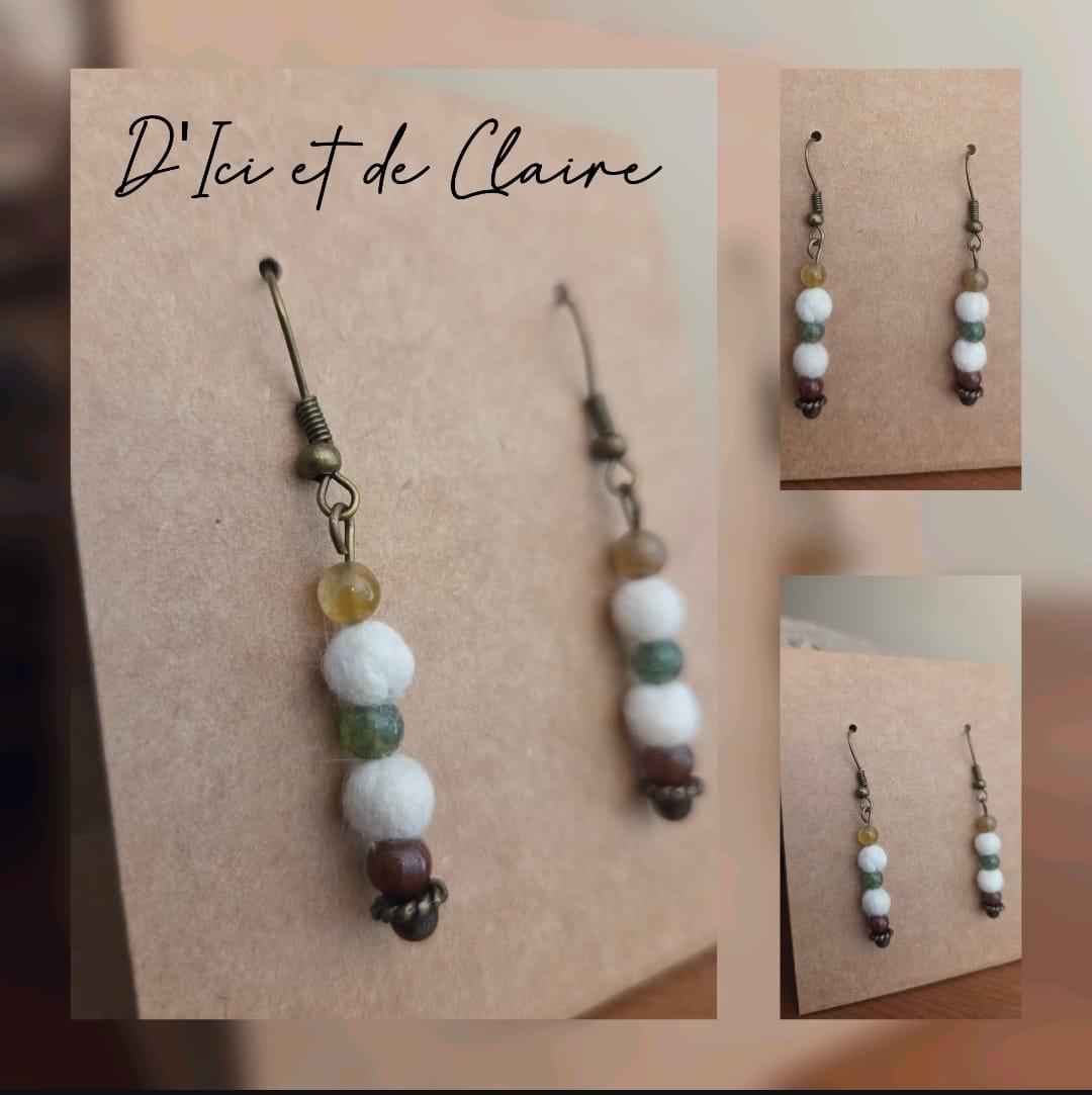 Boucles d'oreille pierres naturelles et double perle en cachemire de Touraine